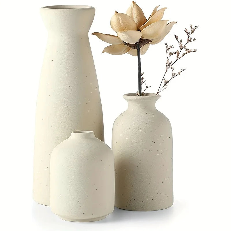 Keramikvasen-Set, 3-teilig, Beige, Dekovasen und Landhausstil